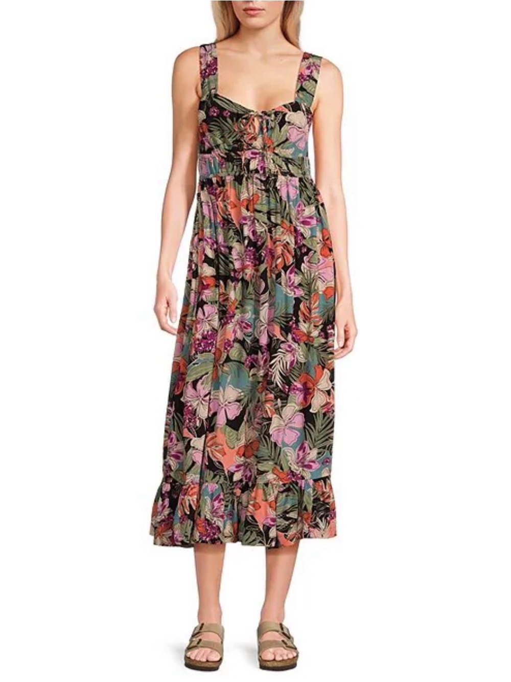 Roxy Floral Maxi Dress in Black, Pink, Olive and Orange - Picture 1 of 4